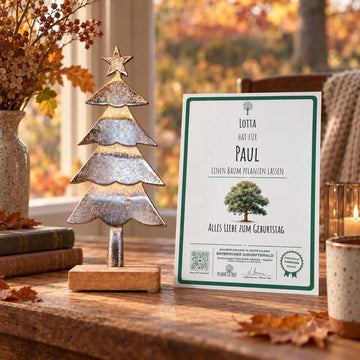 Silberfarbener Tannenbaum auf Holzwürfel – Geschenkansicht mit aktuellem Baumzertifikat; Beispielgestaltung