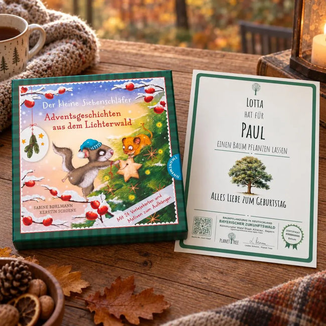 Adventskalender-Box vom kleinen Siebenschläfer – Geschenkansicht mit aktuellem Baumzertifikat; Beispielgestaltung