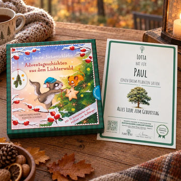 Adventskalender-Box vom kleinen Siebenschläfer – Geschenkansicht mit aktuellem Baumzertifikat; Beispielgestaltung
