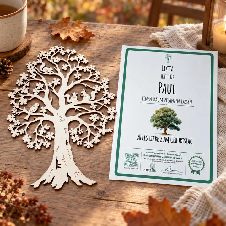 Fensterbild aus Holz - Baummotiv – Geschenkansicht mit aktuellem Baumzertifikat; Beispielgestaltung