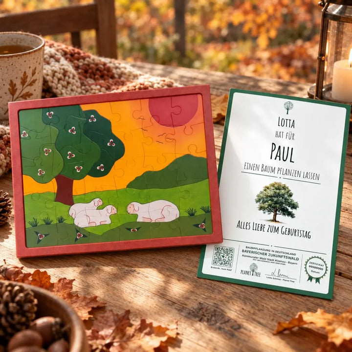 Puzzle Schafe auf der Weide – Geschenkansicht mit aktuellem Baumzertifikat; Beispielgestaltung