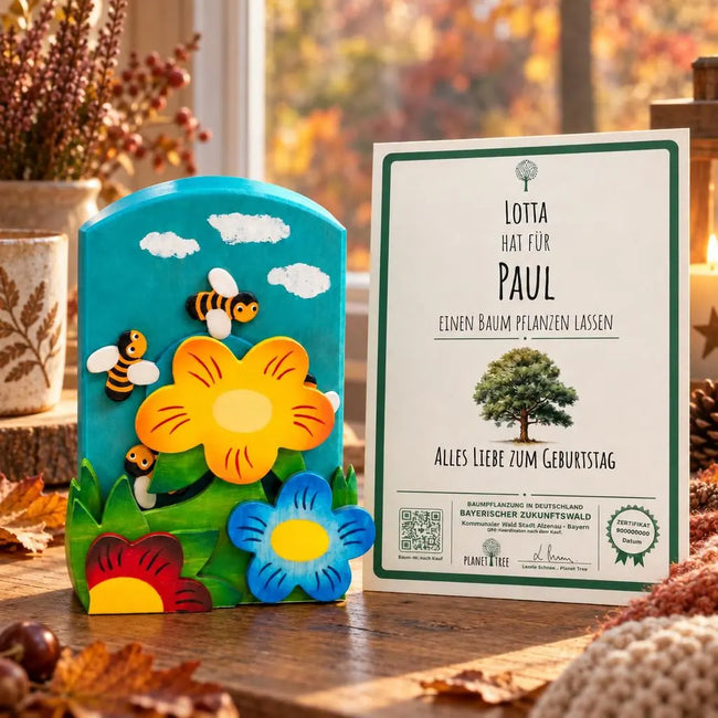 Spieluhr mit beweglichen Bienen – Geschenkansicht mit aktuellem Baumzertifikat; Beispielgestaltung