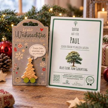 Tannenbäumchen auf Rollen - "Dieses Jahr schenken wir uns NICHTS" – Geschenkansicht mit aktuellem Baumzertifikat; Beispielgestaltung