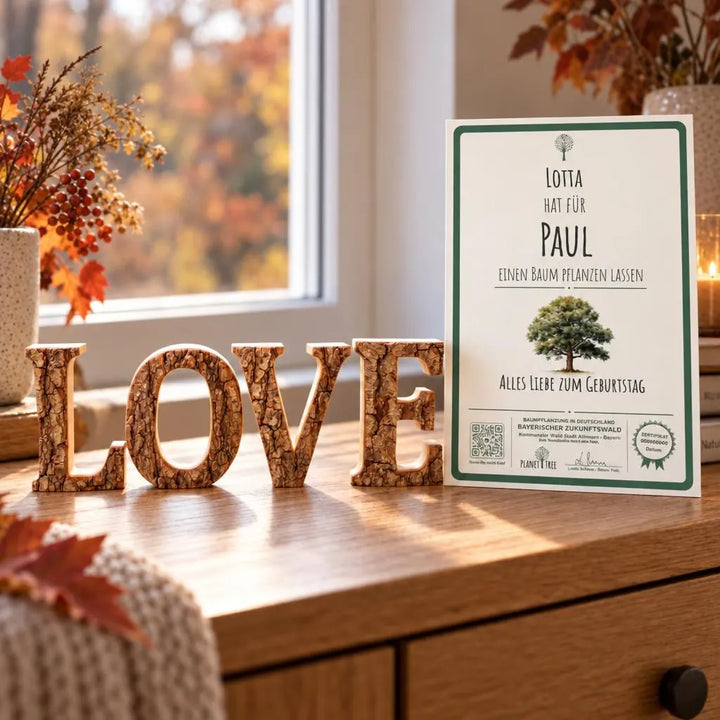 LOVE aus Holz mit Baumrinde – Geschenkansicht mit aktuellem Baumzertifikat; Beispielgestaltung