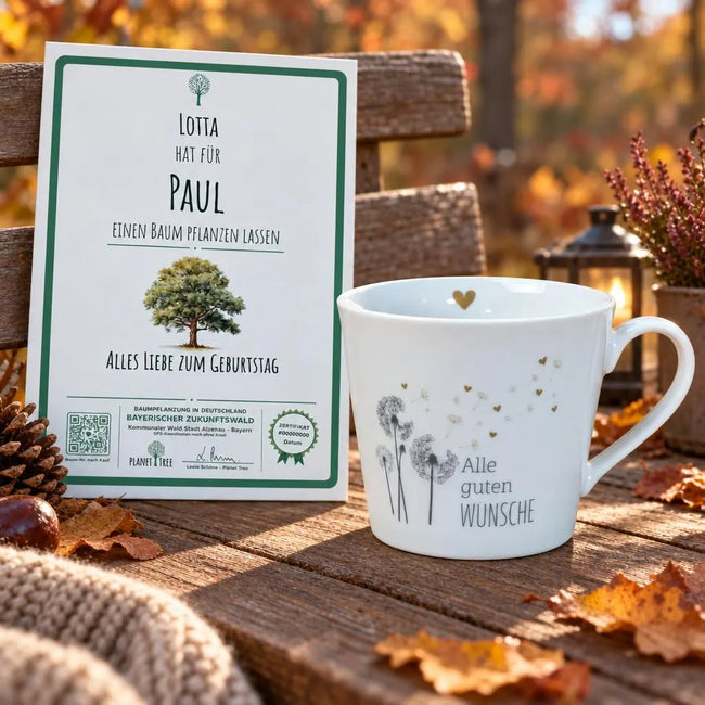 Tasse aus Porzellan "Alle guten Wünsche" – Geschenkansicht mit aktuellem Baumzertifikat; Beispielgestaltung