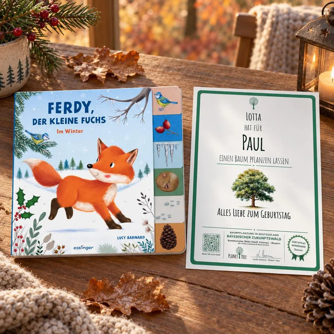 Ferdy, der kleine Fuchs: Im Winter | Pappebuch mit Griff-Register – Geschenkansicht mit aktuellem Baumzertifikat; Beispielgestaltung
