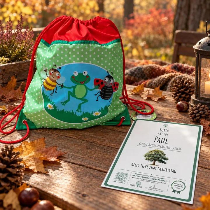 Beutel für ForscherInnen und SammlerInnen – Geschenkansicht mit aktuellem Baumzertifikat; Beispielgestaltung