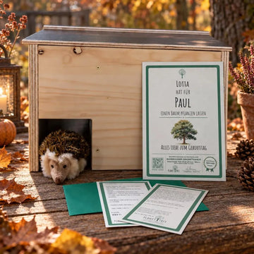 Unterschlupf Igel-Haus – Geschenkansicht mit aktuellem Baumzertifikat; Beispielgestaltung