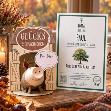 Glücksschweinchen "Für Dich..." – Geschenkansicht mit aktuellem Baumzertifikat; Beispielgestaltung