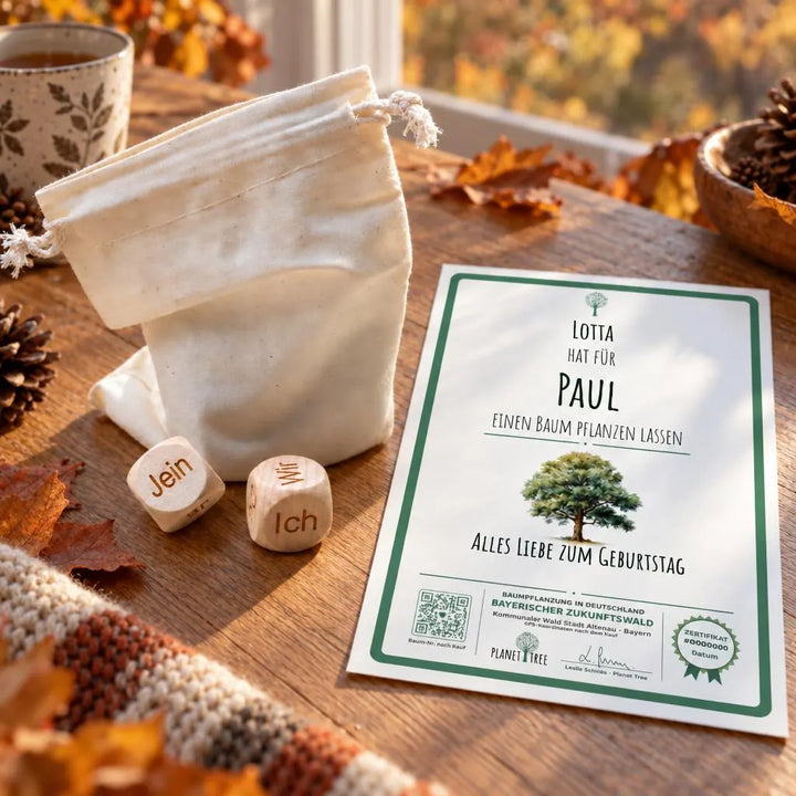 Entscheidungswürfel – Geschenkansicht mit aktuellem Baumzertifikat; Beispielgestaltung