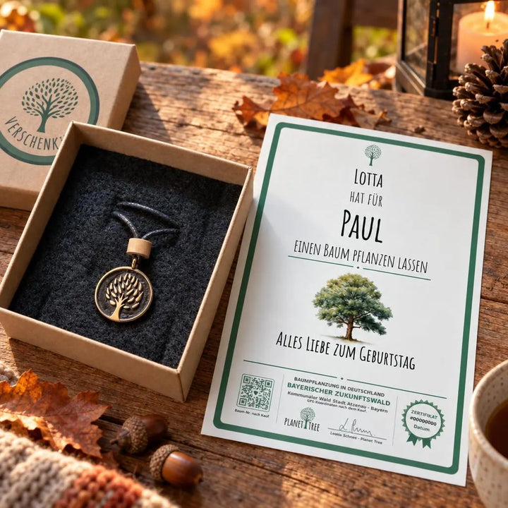 Planet Tree Anhänger aus Bronze mit Naturband – Geschenkansicht mit aktuellem Baumzertifikat; Beispielgestaltung