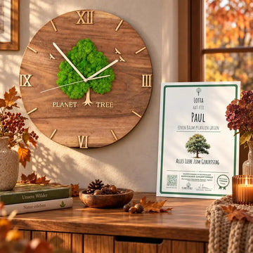 Planet Tree Wanduhr – Geschenkansicht mit aktuellem Baumzertifikat; Beispielgestaltung