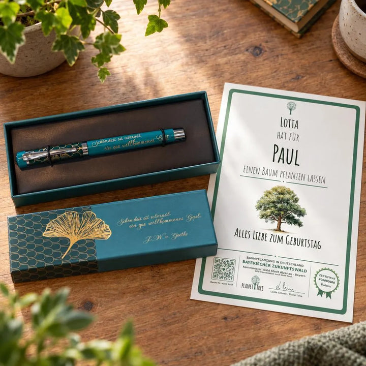 Tintenroller – Geschenkansicht mit aktuellem Baumzertifikat; Beispielgestaltung