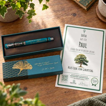 Tintenroller – Geschenkansicht mit aktuellem Baumzertifikat; Beispielgestaltung