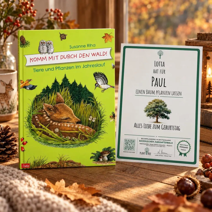 Komm mit durch den Wald - Tiere und Pflanzen im Jahreslauf – Geschenkansicht mit aktuellem Baumzertifikat; Beispielgestaltung