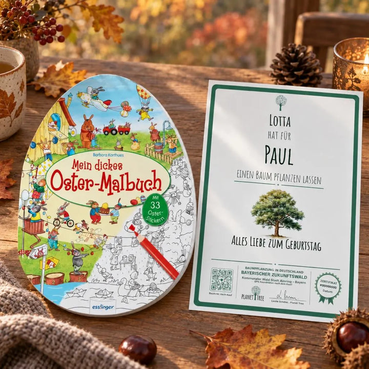 Mein dickes Oster-Malbuch – Geschenkansicht mit aktuellem Baumzertifikat; Beispielgestaltung