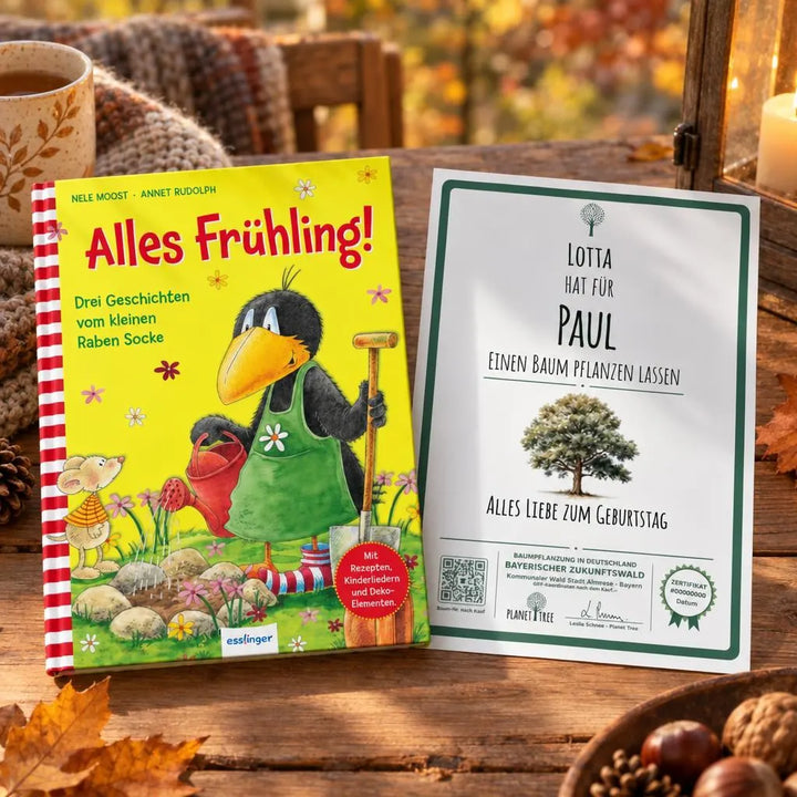 Alles Frühling! Drei Geschichten vom kleinen Raben Socke – Geschenkansicht mit aktuellem Baumzertifikat; Beispielgestaltung