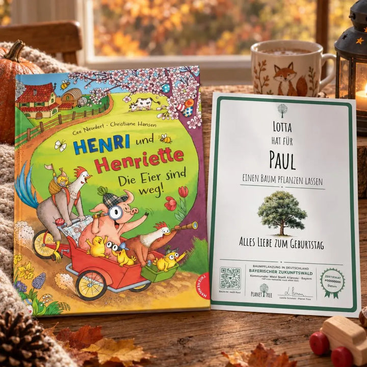 Henri und Henriette - Die Eier sind weg! – Geschenkansicht mit aktuellem Baumzertifikat; Beispielgestaltung
