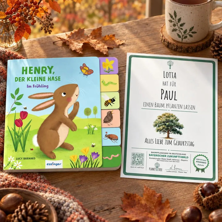 Henry, der kleine Hase - im Frühling | Pappebuch mit Griff-Register – Geschenkansicht mit aktuellem Baumzertifikat; Beispielgestaltung