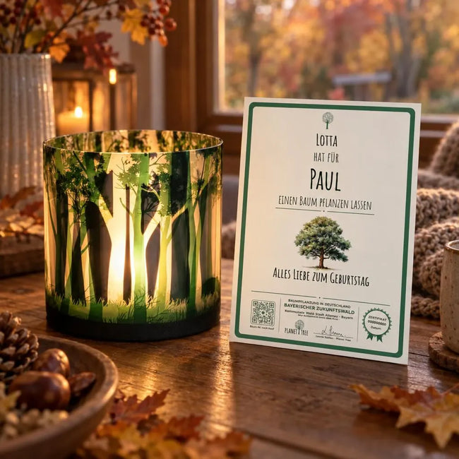 Windlicht mit tollem Waldmotiv – Geschenkansicht mit aktuellem Baumzertifikat; Beispielgestaltung