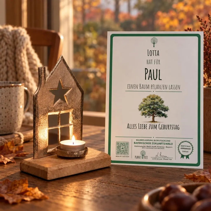 Silberfarbenes Haus auf Holzwürfel – Geschenkansicht mit aktuellem Baumzertifikat; Beispielgestaltung