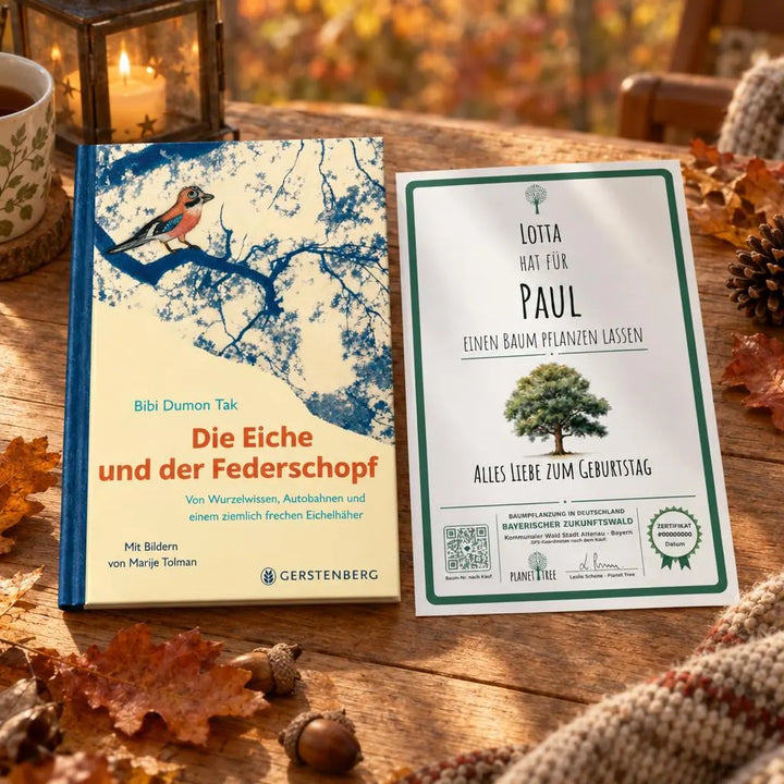 Die Eiche und der Federschopf – Geschenkansicht mit aktuellem Baumzertifikat; Beispielgestaltung