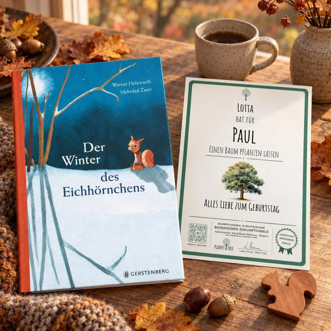 Der Winter des Eichhörnchens – Geschenkansicht mit aktuellem Baumzertifikat; Beispielgestaltung