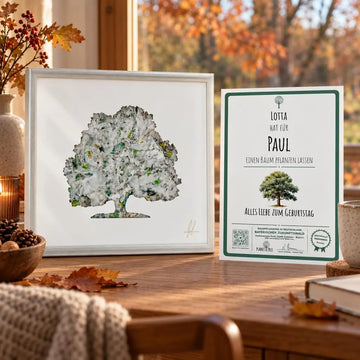 Baum für Baum - Limitierte Unikatserie von Thomas Luettgen - Motiv 2 – Geschenkansicht mit aktuellem Baumzertifikat; Beispielgestaltung