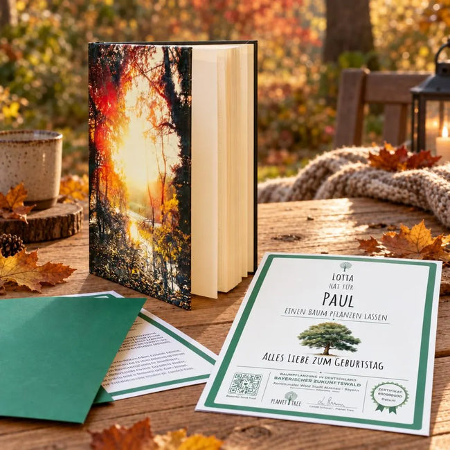 Notizbuch mit Waldmotiv - Herbst – Geschenkansicht mit aktuellem Baumzertifikat; Beispielgestaltung
