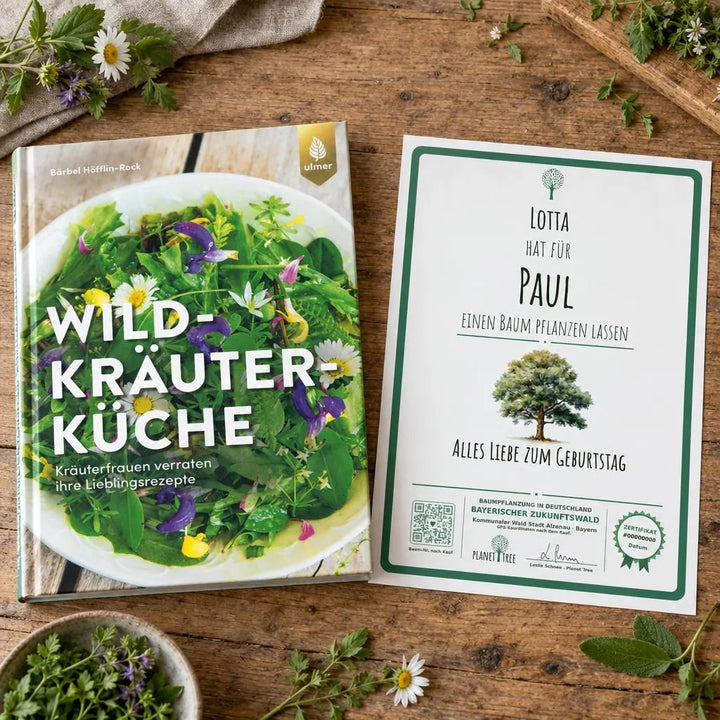 Wildkräuterküche – Geschenkansicht mit aktuellem Baumzertifikat; Beispielgestaltung