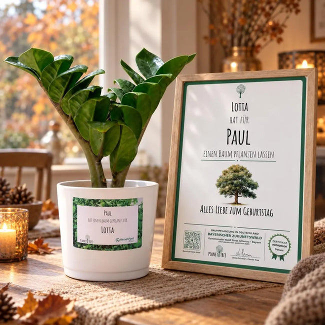 Glücksfeder – Geschenkansicht mit aktuellem Baumzertifikat; Beispielgestaltung