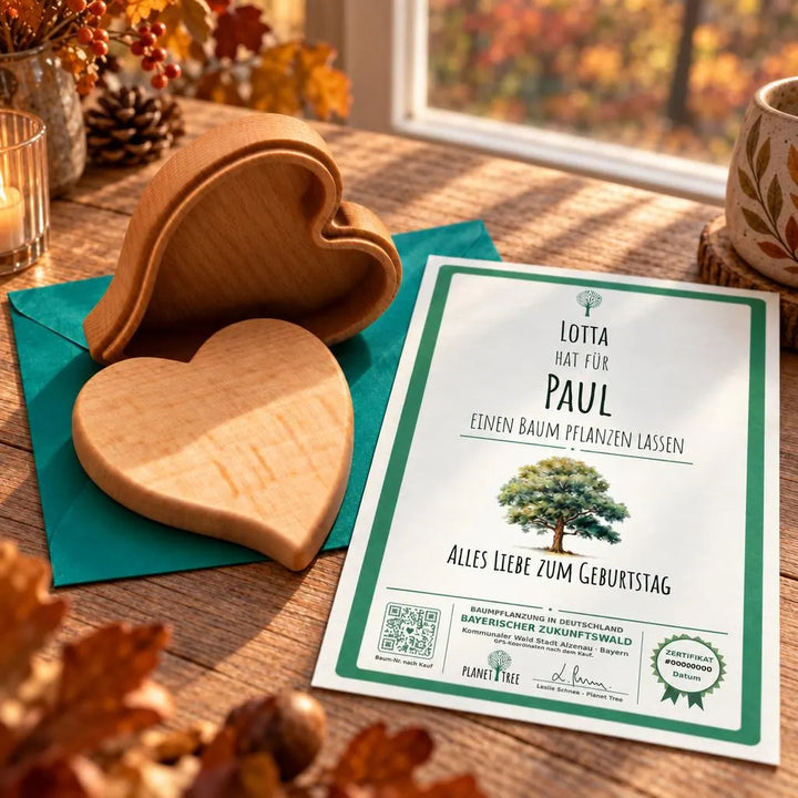 Herzschatulle aus Eichenholz – Geschenkansicht mit aktuellem Baumzertifikat; Beispielgestaltung