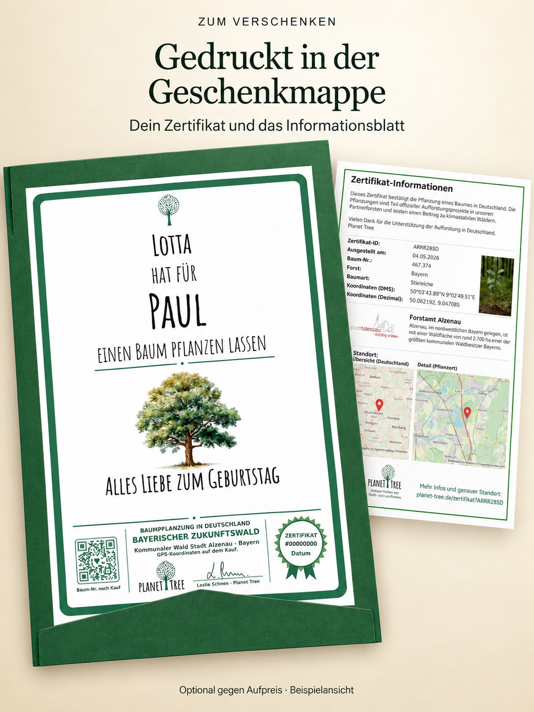 Zertifikat mit Baumpflanzung gedruckt in der grünen Geschenkmappe mit Informationsblatt