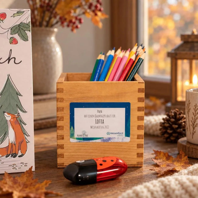 Set aus Buntstiften, Malbuch und Spitzer in handgefertigtem Halter aus Altholz