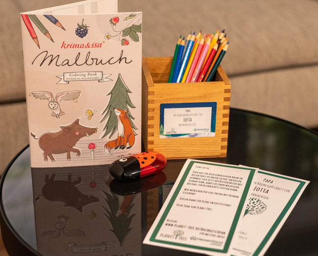 Set aus Buntstiften, Malbuch und Spitzer in handgefertigtem Halter aus Altholz