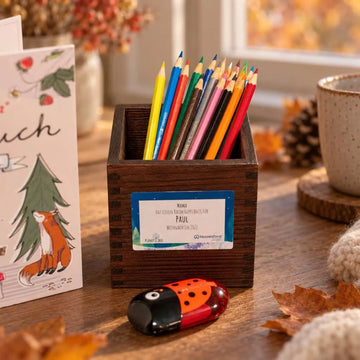 Set aus Buntstiften, Malbuch und Spitzer in handgefertigtem Halter aus Altholz
