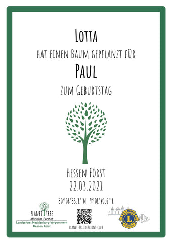 Baumspende in deutschem Forst plus gedrucktem Zertifikat in dunkelgrüner Urkundenmappe - zusammen mit Lions Club Aschaffenburg-Alzenau