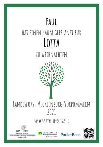 Baumspende in deutschem Landesforst plus Zertifikat - unterstützt von PocketBook