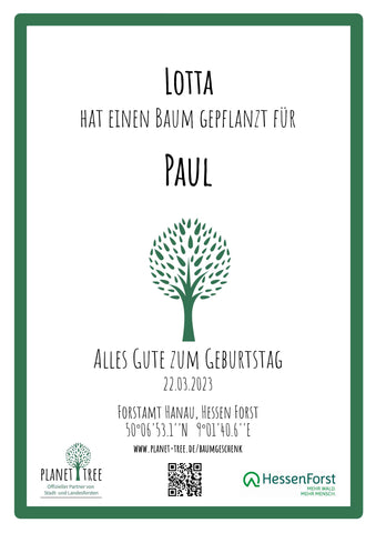 Baumspende in deutschem Forst mit Zertifikat - Digital (PDF) oder gedruckt in Urkundenmappe- zusammen mit VsKE