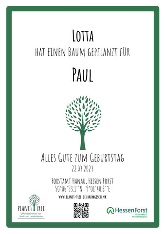 Baumspende in deutschem Forst mit Zertifikat - Digital (PDF) oder gedruckt in Urkundenmappe