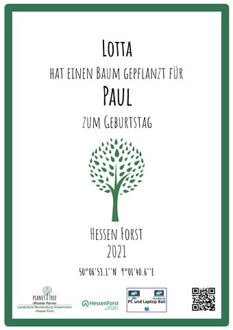 Baumspende in deutschem Forst plus Zertifikat - unterstützt von PC + LAPTOP BALI