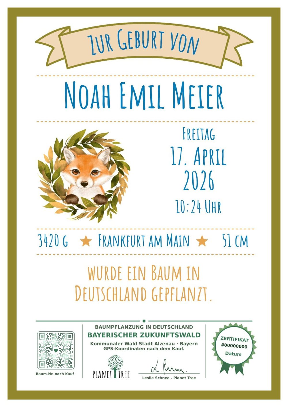 Geburtsurkunde mit Fuchs: Noah Emil Meier, Freitag, 17. April 2026, 10:24 Uhr, 3420 g, 51 cm